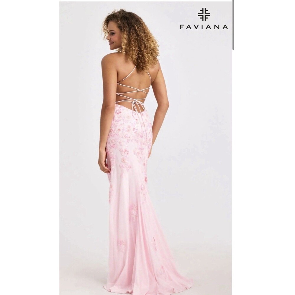 Faviana Prom Dress Rose Pink With Floral Beaded Appliqué | 11251 - Picture 2 of 14